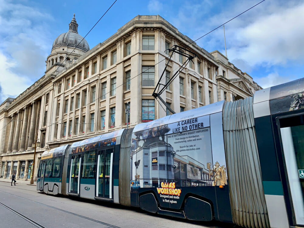 Tram passing on the streets of Nottingham. 